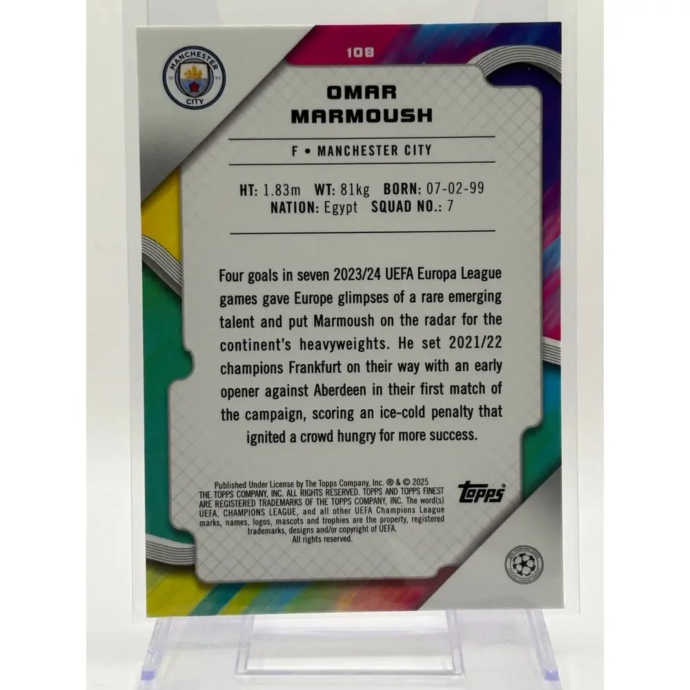 2024-25 Topps Finest UEFA Omar Marmoush Purple Refractor /299 SP Manchester City - Picture 2 of 2